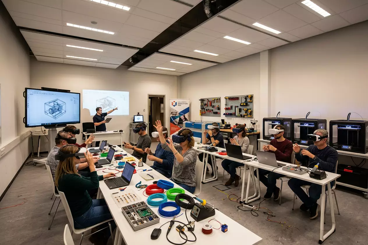 Espacio maker equipado en uso, con estudiantes trabajando en herramientas de robótica y fabricación digital